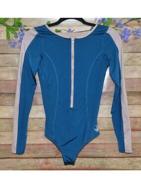 Body Glove One Piece Swimsuit Teal Blue Size S Open Back Long Sleeve Zip Front